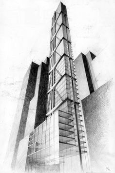 a drawing of a tall building with lots of windows on it's side and stairs going up to the top