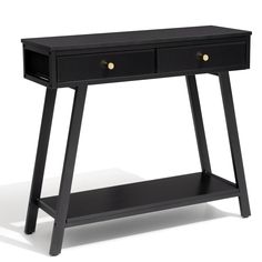 a black console table with two drawers on one side and an open drawer on the other