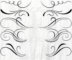 an old fashioned calligraphy style design with swirls and scrolls on white wood background