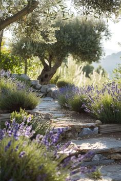 a stone path surrounded by lavender flowers and trees