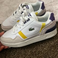 These Were Never Worn. They Are Women’s Size 7 And Men’s Size 5. I Purchased Them Inside Of Lacoste Store. Open To Offers. White Color Block Synthetic Sneakers, Lacoste Sneakers Women, Lacoste Store, Lacoste Sneakers, Lacoste Shoes, Shoes Women, Color Purple, Womens Sneakers, Color Blocking