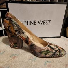 Nine West Velvet Print Heels Spring Brown Court Shoes With Block Heel, Spring Brown Block Heel Court Shoes, Summer Almond Toe Court Shoes With Stacked Heel, Brown 4-inch Heel Court Shoes For Spring, Spring Brown Court Shoes With Stacked Heel, Brown Court Shoes With Stacked Heel For Spring, Shoes Brand, Nine West Shoes, Shoe Brands