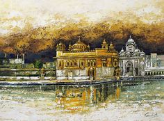 an oil painting of a yellow building in the middle of a body of water with trees and buildings behind it