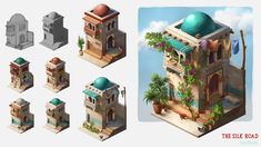 an image of a set of low poly buildings with plants on the roof and in front