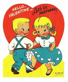 an old valentine card with two children dancing in front of a heart shaped red background