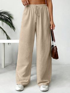 Women's Casual Drawstring Waist Pants Khaki Casual   Viscose Plain Wide Leg Non-Stretch  Women Clothing, size features are:Bust: ,Length: ,Sleeve Length: Modest Pants, Modest Hijab, Drawstring Waist Pants, Colored Pants, Women Pants, Elastic Waist Pants, Kids Beachwear, Waist Pants, Women's Casual