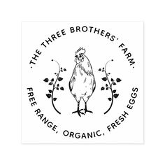 the three brothers farm logo with an image of a chicken on it's back