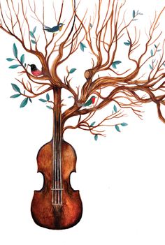 a drawing of a violin hanging from a tree with birds perched on it's branches