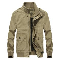 West Louis™ Multi-Pockets Stand Collar Military Jacket Khaki Cotton Outerwear With Zipper Closure, Cotton Outerwear With Stand Collar And Zipper Closure, Cotton Outerwear With Zipper And Stand Collar, Fitted Casual Outerwear With Cargo Pockets, Casual Fitted Outerwear With Cargo Pockets, Fitted Khaki Outerwear With Multiple Pockets, Cotton Outerwear With Stand Collar And Pockets, Fitted Cotton Outerwear With Multiple Pockets, Army Jacket Men