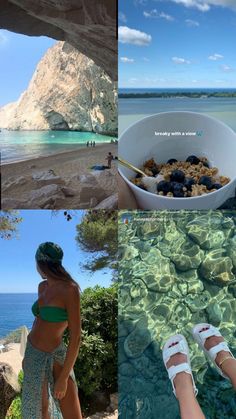 the collage shows two pictures with people in bikinis and one has blueberries