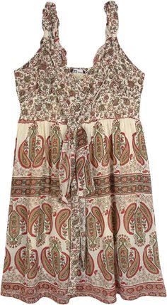 A cool beige paisley printed rayon dress is a new design in modern bohemian fashion.  This babydoll style sleeveless dress features shoulder straps that can be moved and adjusted through knots system; you can also make a cute tie-knot in the front of the dress. #tlb #Sleeveless #vacationclothing #beachwrap #Floral #Printed #Paisley #bohemianfashion #Overalls and Rompe #MidiDress #BabyDollDress #PixieDress #Fairydress Bohemian Beige Sundress With Floral Print, Casual Beige Paisley Print Dress, Casual Beige Dresses With Paisley Print, Cream Bohemian Sleeveless Sundress, Cream Sleeveless Bohemian Sundress, Bohemian Sundress With V-neck And Tie Straps, Bohemian V-neck Sundress With Tie Straps, Bohemian Overalls, Dresses Beige