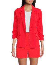 Spring 3/4 Sleeve Blazer With Pockets, Spring Blazer With 3/4 Sleeves And Pockets, Spring 3/4 Sleeve Business Casual Blazer, 3/4 Sleeve Blazer For Office In Spring, Spring Formal Blazer With 3/4 Sleeves, Spring Business Casual Red Blazer, Spring Office Wear Outerwear With 3/4 Sleeves, Formal 3/4 Sleeve Blazer, Solid Color Formal Blazer With 3/4 Sleeves