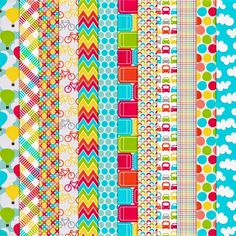 a colorful background with many different patterns and colors on it, including circles, stripes, dots