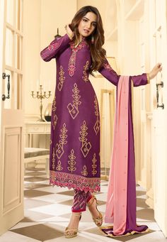 Purple satin georgette pant style suit 11035  Desc:  Style : Pant Style Suits Color : Purple Fabric : Satin Georgette Work : Embroidery Wash Care : Dry clean Sleeve Style : Full Sleeve Long Sleeves : Done only in Custom Stitch Sleeves Lining : Done only in Custom Stitch Bust Size : 32 to 42 Inches Occasion : Festival   Christmas   Diwali   Eid   Engagement   Dussehra. With Express Free Shipping and Custom Stitching, Buy Eid Special Sharara Party wedding wear anarkalis Purple satin georgette pant Suit Dupatta, Wedding Salwar Kameez, Karishma Kapoor, Celana Fashion, Churidar Suits, Dress Salwar Kameez, Traditional Outfit, Salwar Kamiz, Designer Salwar Suits