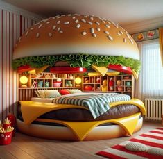 a hamburger bed in the middle of a room