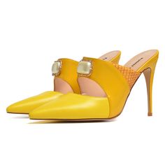 Yellow Pointed Toe Sandals With Padded Heel, Formal Yellow Closed Toe Sandals, Yellow Sandals With Padded Heel And Pointed Toe, Yellow Closed Toe Sandals For Formal Occasions, Yellow Closed Toe Heels For Formal Occasions, Yellow Almond Toe Heels With Leather Sole, Chic Yellow Pointed Toe Mules, Elegant Yellow Heels For Spring, Yellow High Heel Mules For Party