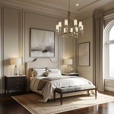 a bedroom with a large bed and chandelier