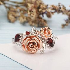 Natural Garnet Beauty and the Beast Rose Flower Engagement | Etsy Green Engagement Rings, Romantic Wedding Rings, Vintage Anniversary Rings, Unique Engagement Rings Rose Gold, Pear Moissanite Engagement Ring, Marquise Cut Engagement Ring, Rose Gold Engagement Ring Vintage, Disney Weddings, Engagement Ring Unique