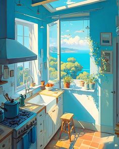 a painting of a kitchen with blue walls and an open window looking out onto the ocean