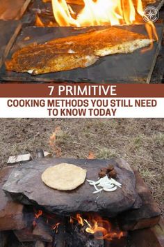 an outdoor grill with food cooking on it and the words 7 primitive cooking method you'll need to know today