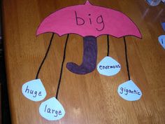 a wooden table topped with paper cutouts and an umbrella