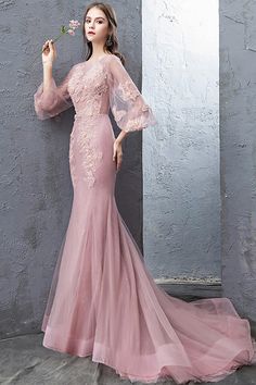 Buy Stunning Mermaid Pink Tulle Lace Formal Dress With Tulle Sleeves Flare at affordable price online. Free shipping and pro custom service since 2009. Dress With Tulle Sleeves, Pink Evening Dresses, Sweet Dresses, Pale Pink Dress, Mode Rose, Mermaid Pink, Dress With Tulle, Latest Bridal Dresses, Pink Evening Dress