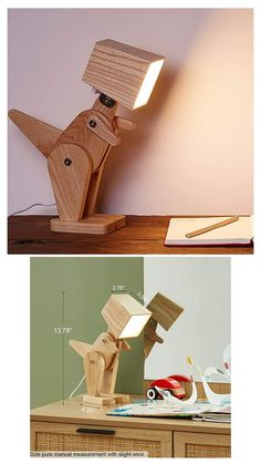 two different views of an animal lamp on a table and in front of a desk