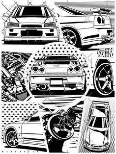 four different cars are shown in black and white