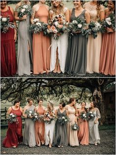 the bridesmaid dresses are all different colors and styles, but there is no one in