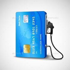 a blue credit card with an electric charger plugged into it, on a white background