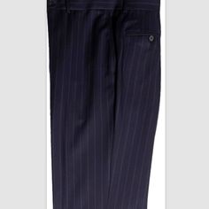 **There Is 1 Button Missing From One Of The Back Pockets & A Small Defect Inside Front Pocket** Classic Tonal Stripes Stamp This Versatile Suit Pants Crafted From Super 150's Wool. - Unfinished Hem, Inseam Measures Approx. 29" **All Items Shipped Next Business Day** Fitted Business Bottoms With Button Closure, Fitted Bottoms With Button Closure For Business, Navy Fitted Bottoms For Semi-formal Occasions, Classic Fitted Bottoms With Button Closure, Classic Blue Bottoms With Pressed Crease, Classic Fitted Pants With Button Closure, Fitted Formal Pants With Button Closure, Formal Fitted Pants With Button Closure, Classic Navy Bottoms For Office