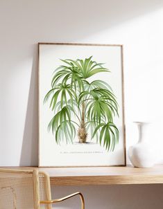 a palm tree is shown on a wall above a desk with a chair and vase