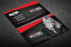 a business card with an image of a woman in black and red on the front