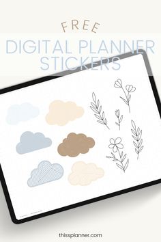 the free digital planner stickers are on display in front of a tablet with text overlay