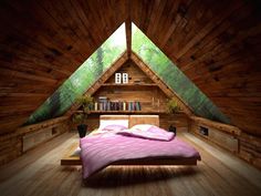 an attic bedroom with wooden walls and flooring