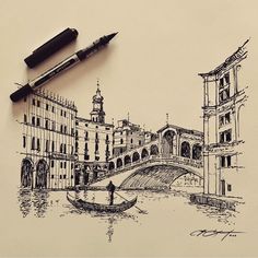 a pen and ink drawing of a cityscape with a gondola on the water