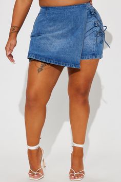 Available In Medium Wash. Lace Up Denim Mini Skort High Waist Zipper Closure In The Back 12" In Length, Measured From A Size Small Disclaimer: Due To The Specialized Wash Process, Each Garment Is Unique 100% Cotton Imported | Tie Me Up Denim Skort in Medium Wash by Fashion Nova Denim Skort, Women's Tie, Womens Tie, Denim Mini, Fashion Nova, High Waist, Lace Up, High Waisted, Zipper