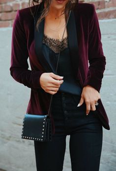 Womens Burgundy Velvet Jacket Party Wear Jacket Office Wear - Etsy Style Night Out, Andee Layne, Black Lace Cami, Neue Outfits, Rock Punk, Meryl Streep, Velvet Blazer, Lace Cami, Angelina Jolie