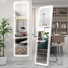 a living room filled with furniture and a large mirror in the middle of it's wall