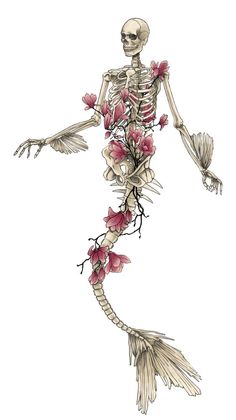 a skeleton with flowers on it's body and hands in the shape of a mermaid