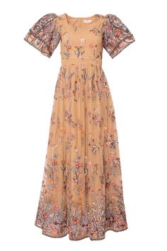 Turn heads year round in our Fauna Dress! The tan chiffon fabric is adorned with vibrant pink and orange embroidered floral, while a gold threaded tulle mid layer adds dimension. The sweetheart neckline, tiered bell sleeves, and maxi-length skirt with embroidered and sequin detailing make this dress an absolute showstopper. A hidden back zipper & full lining ensure a perfect fit. fall aesthetic, pinterset outfit, fall outfit, family photos, country aesthetic, equestrian, floral embroidery Peach Party Dress With Floral Embroidery, Festive Peach Dress With Floral Embroidery, Festive Peach Floral Embroidered Dress, Spring Floral Embroidered Maxi Dress For Gala, Floral Embroidery Maxi Dress For Spring Gala, Spring Gala Maxi Dress With Floral Embroidery, Fitted Peach Dress With Floral Embroidery, Embroidered Peach Dress For Party, Peach Dresses With Floral Embroidery