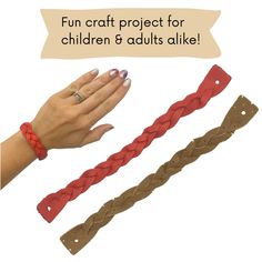 three different colored braided bracelets with the text fun craft project for children 8 adults alike