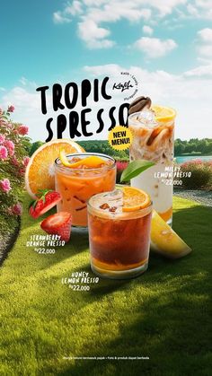 an advertisement for frozen drinks on the grass with fruit and ice creams in it