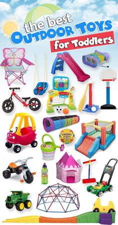 the best outdoor toys for toddlers is on display in front of a white background