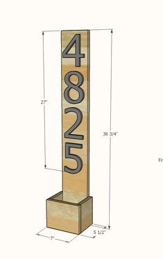 a wooden sign with the number four on it and measurements for each letter in front of it