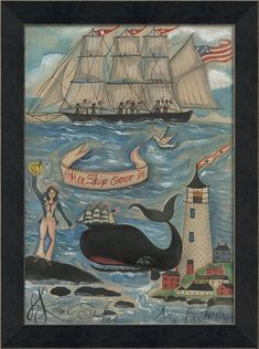 Spicher & Company MI Her Ship Came In 94276 Dark Nautical Aesthetic, Folk Art Whale, Cape Cod Decor, Nautical Aesthetic, Maritime Art, Antique Folk Art, Blue Hill, Landscape Art Painting, Visual Aids