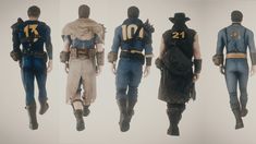 four different views of the same outfit worn by men in cowboy outfits and hats, all from front to back