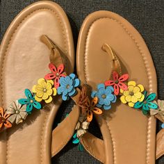 Sandals With Multi-Color Flowers, Super Cute. Nwot Leather Multicolor Flip Flops For Spring, Multicolor Leather Flip Flops For Spring, Multi Colored Flowers, Girls Shoes, Women's Shoes Sandals, Shoes Sandals, Super Cute, Multi Color, Sandals