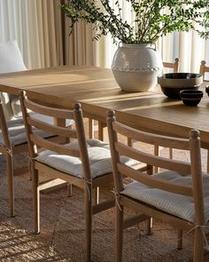 a dining room table with chairs and a potted plant in the center on top