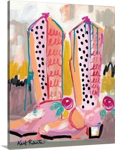 a painting of pink boots with polka dots on them